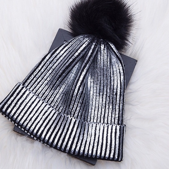 SALE! Gold Metallic Stripe Pom Pom Beanies - Picture 5 of 7
